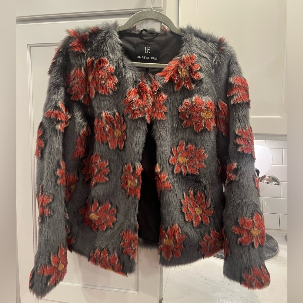 Unreal Fur Gray and Pink Floral  Jacket